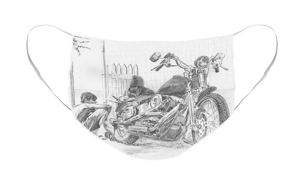 Motorcycle Face Mask featuring the drawing Boy And Motorcycle by Masha Batkova