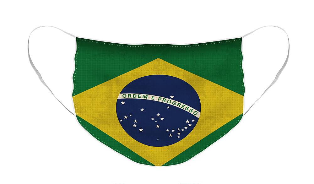 Brazil Flag Face Mask featuring the mixed media Brazil Flag Vintage Distressed Finish by Design Turnpike
