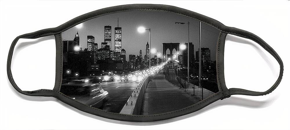 1980s Face Mask featuring the photograph Brooklyn Bridge and Manhattan skyline at dusk 1980s by Gary Eason