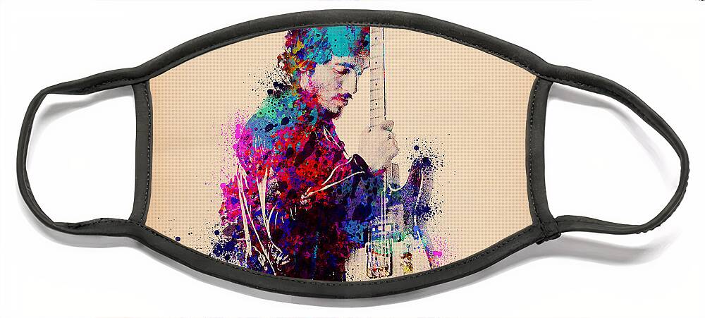 Music Face Mask featuring the painting Bruce Springsteen Splats And Guitar by Bekim M