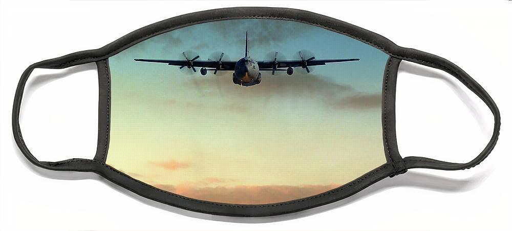 C130 Face Mask featuring the digital art C-130E Inbound by Airpower Art
