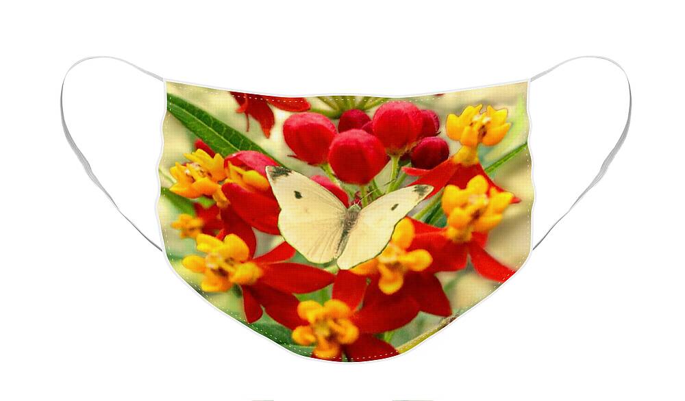 Wildflowers Face Mask featuring the digital art Cabbage Butterfly on Wildflowers by M Spadecaller
