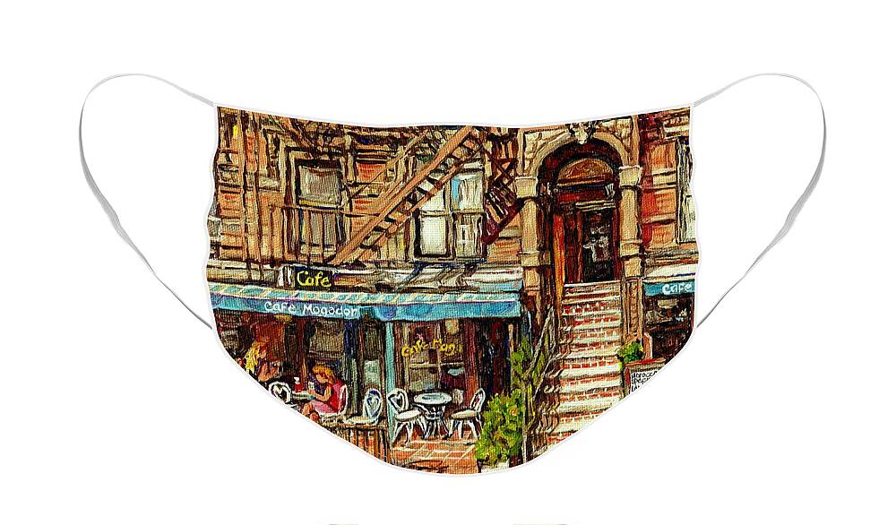 New York Face Mask featuring the painting Cafe Mogador Moroccan Mediterranean Cuisine New York Paintings East Village Storefronts Street Scene by Carole Spandau