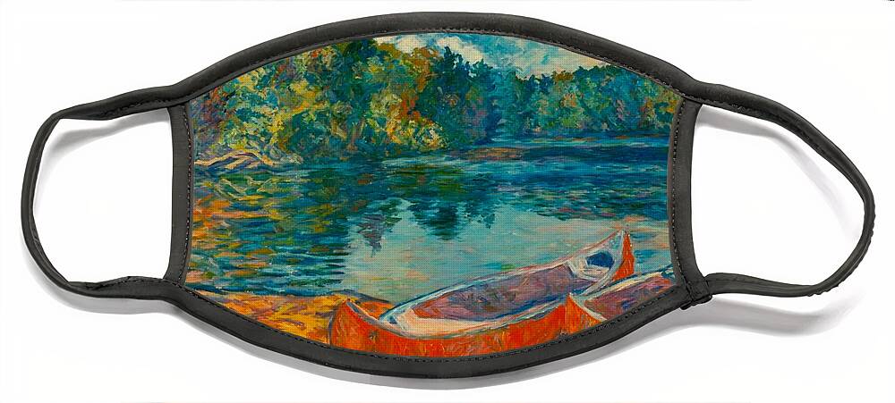 Landscape Face Mask featuring the painting Canoes at Mountain Lake by Kendall Kessler