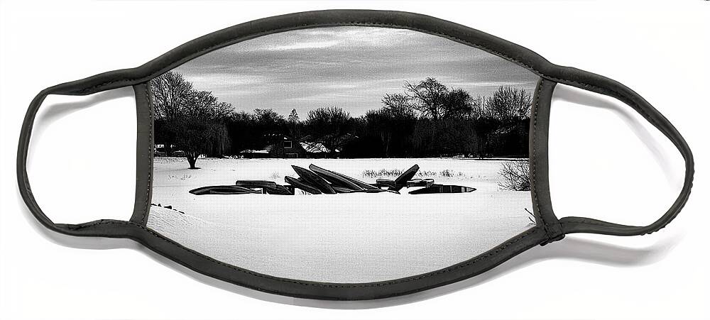 Frank J Casella Face Mask featuring the photograph Canoes in the Snow - Monochrome by Frank J Casella