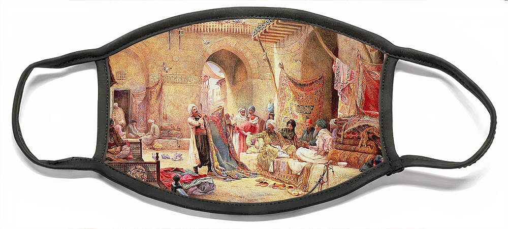 Orientalist Face Mask featuring the painting Carpet Bazaar, Cairo, 1887 by Charles Robertson