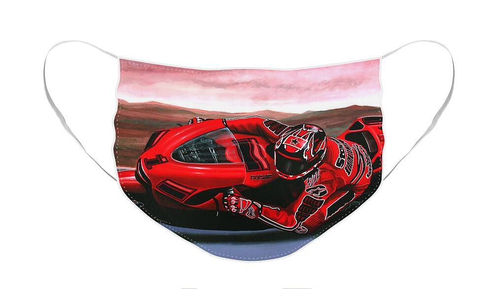 Casey Stoner On Ducati Face Mask featuring the painting Casey Stoner on Ducati by Paul Meijering