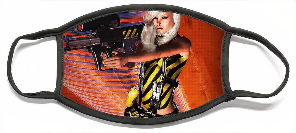 Sci-fi Face Mask featuring the mixed media Caution Sci-Fi Blonde With a Gun by Alicia Hollinger