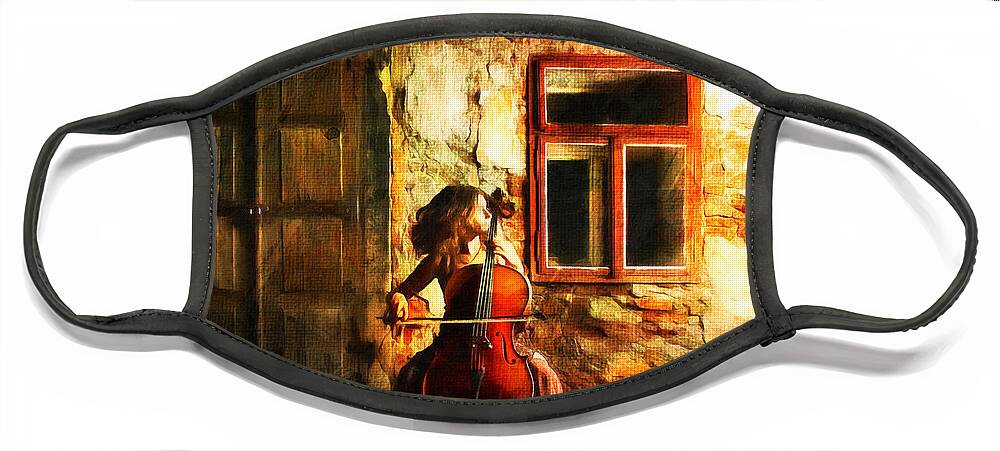 Cellist Face Mask featuring the mixed media Cellist By Night by Georgiana Romanovna