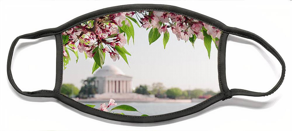 America Face Mask featuring the photograph Cherry Blossoms and the Jefferson Memorial Panorama by Mitchell R Grosky