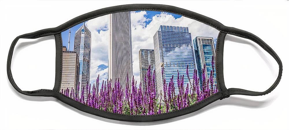 2012 Face Mask featuring the photograph Chicago Downtown Buildings and Spring Flowers by Paul Velgos