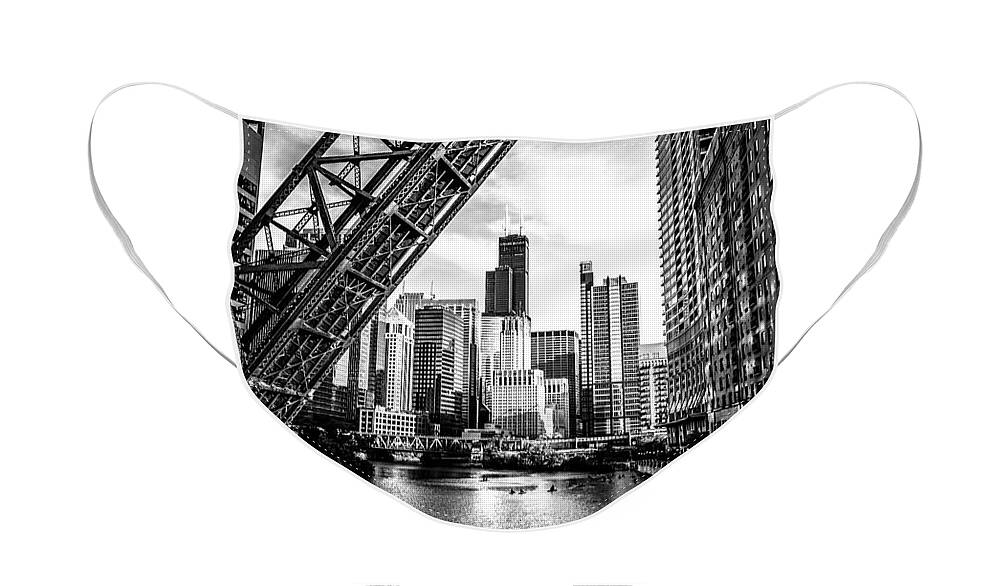 #faatoppicks Face Mask featuring the photograph Chicago Kinzie Street Bridge Black and White Picture by Paul Velgos