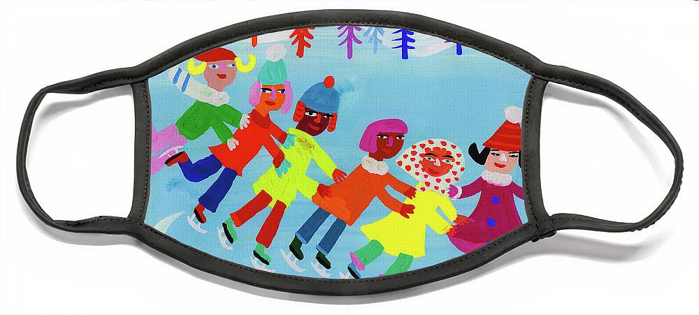 Active Face Mask featuring the photograph Children Ice Skating On Frozen Lake by Ikon Ikon Images