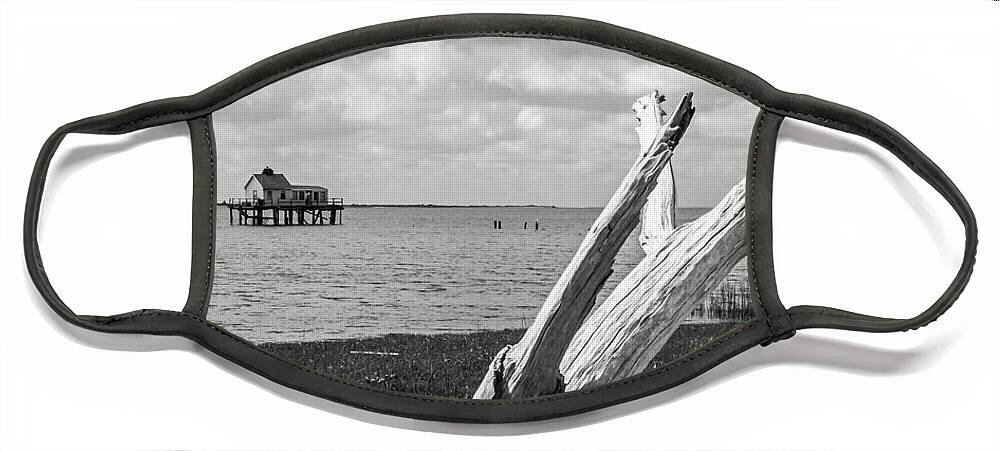 Assateague Face Mask featuring the photograph Chincoteague Oystershack BW Vertical by Photographic Arts And Design Studio
