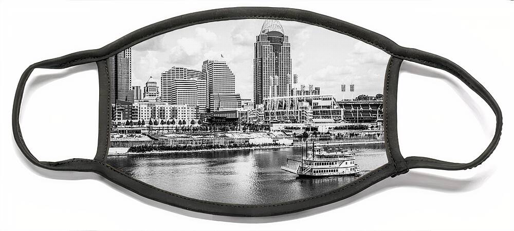 2012 Face Mask featuring the photograph Cincinnati Skyline and Riverboat Black and White Picture by Paul Velgos