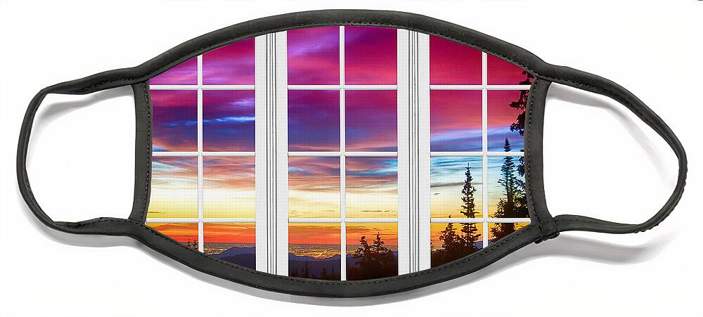 Window To Nature Face Mask featuring the photograph City Lights Sunrise View Through White Window Frame by James BO Insogna
