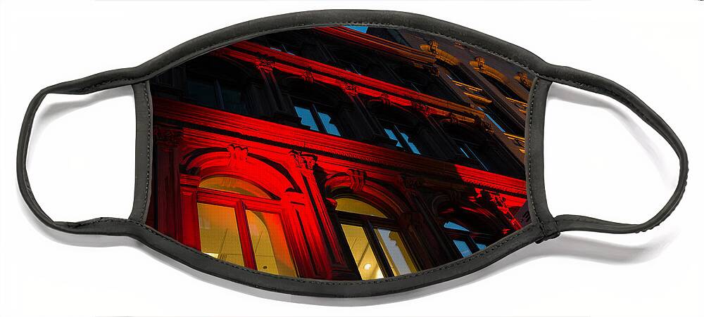 Red Facade Face Mask featuring the photograph City Night Walks - Bright Red Facade by Georgia Mizuleva