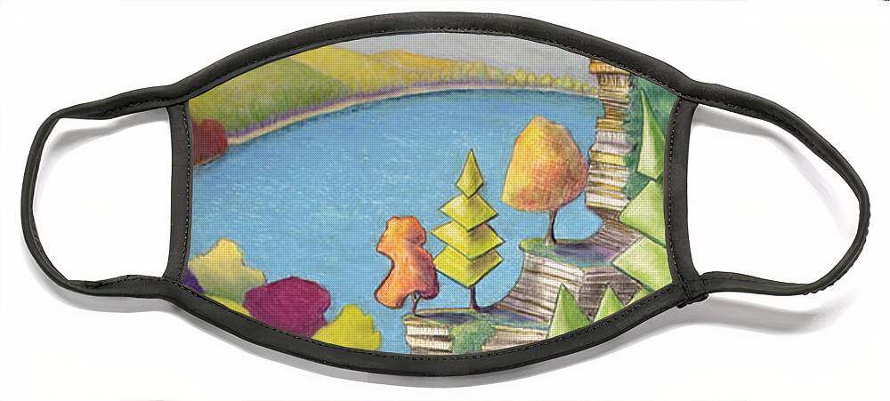Cliff Face Mask featuring the mixed media Cliff Overlooking Lake with Colorful Trees by Michele Fritz