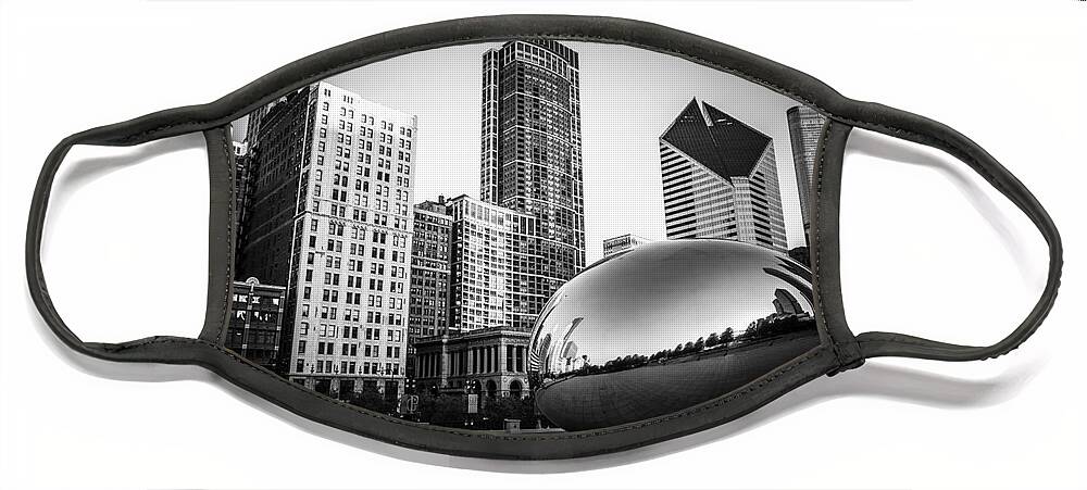 America Face Mask featuring the photograph Cloud Gate Bean Chicago Skyline in Black and White by Paul Velgos
