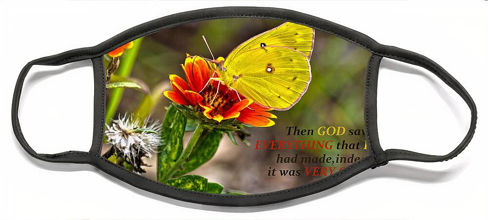 Cloudless Sulphur Butterfly Face Mask featuring the photograph Cloudless Sulphur Butterfly And Scripture by Sandi OReilly