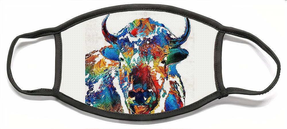 Buffalo Face Mask featuring the painting Colorful Buffalo Art - Sacred - By Sharon Cummings by Sharon Cummings