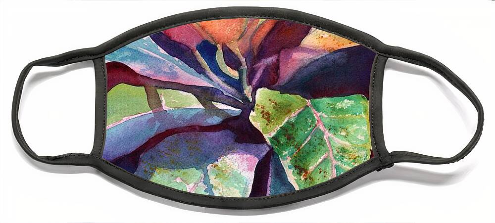 Tropical Leaves Face Mask featuring the painting Colorful Tropical Leaves 3 by Marionette Taboniar