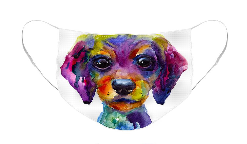 Whimsical Art Face Mask featuring the painting Colorful whimsical Daschund Dog puppy art by Svetlana Novikova