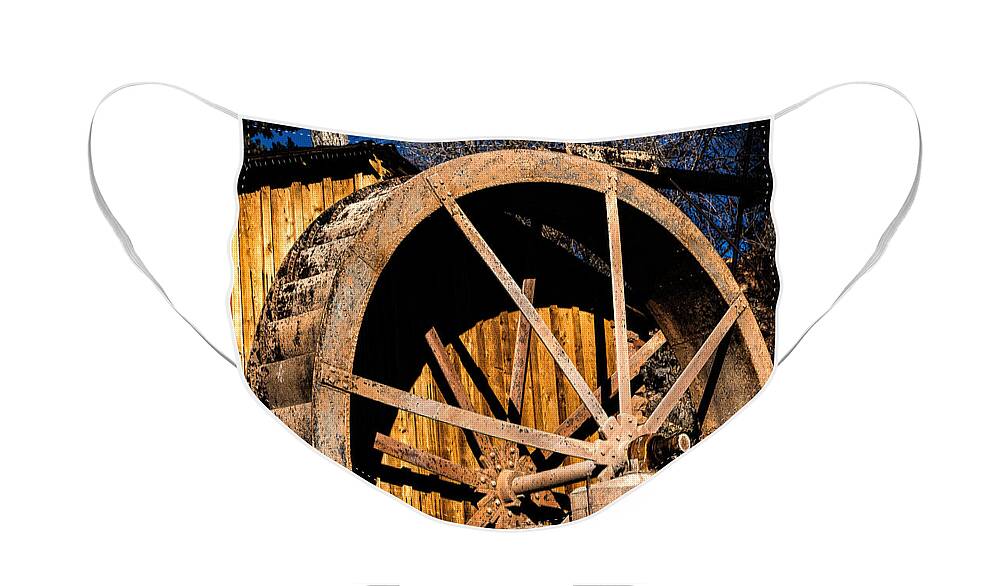 Crescent Moon Ranch Face Mask featuring the photograph Old Building and Water Wheel by Jon Burch Photography
