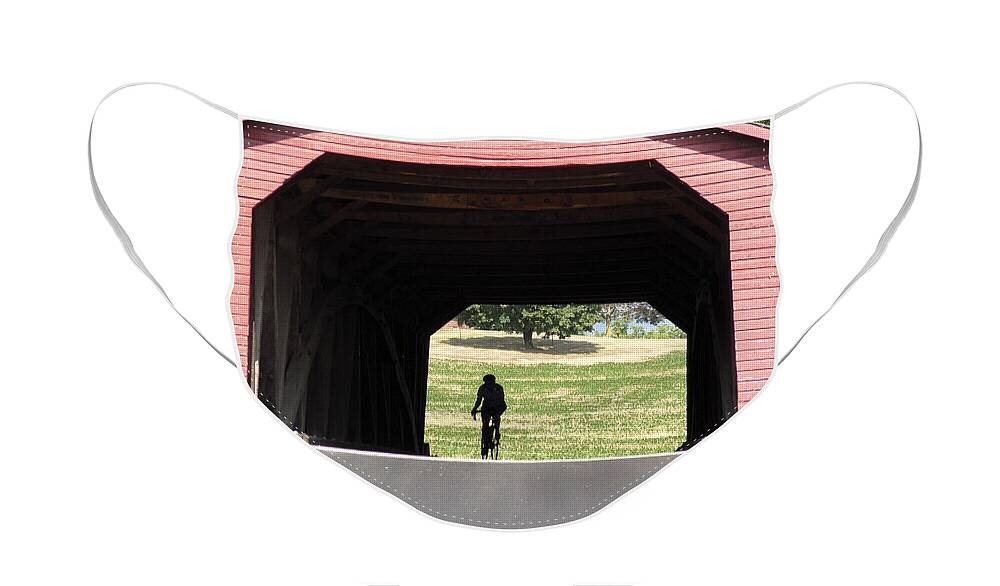 Arch Truss Face Mask featuring the photograph Cycling through the Utica Mills Covered Bridge in Maryland by William Kuta