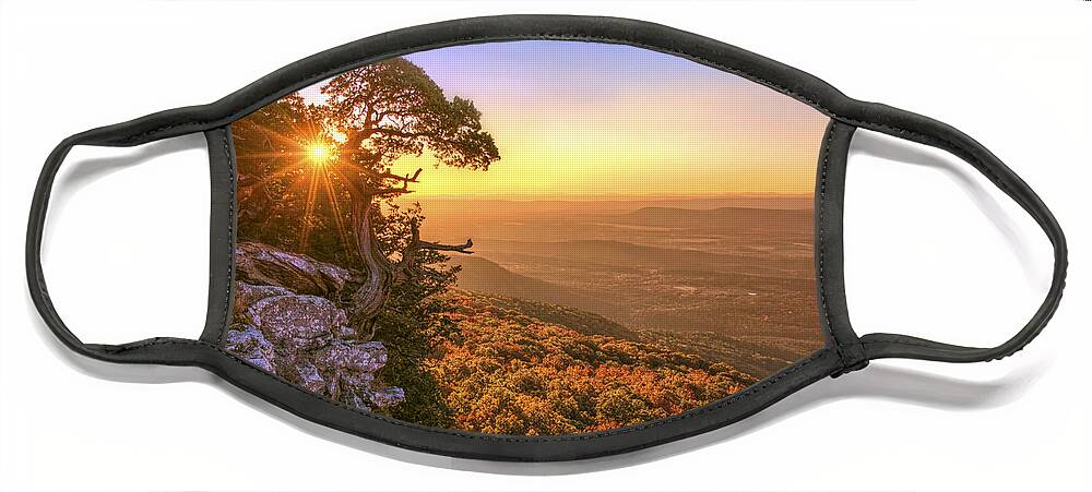 Mt. Magazine Face Mask featuring the photograph Daybreak on Mt. Magazine - Arkansas - Cedar Tree - Autumn by Jason Politte