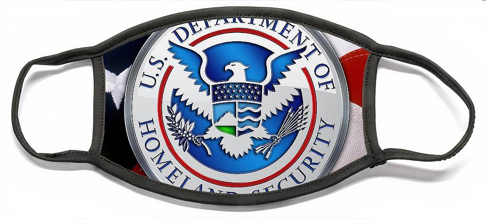 'military Insignia & Heraldry 3d' Collection By Serge Averbukh Face Mask featuring the digital art Department of Homeland Security - D H S Emblem over American Flag by Serge Averbukh