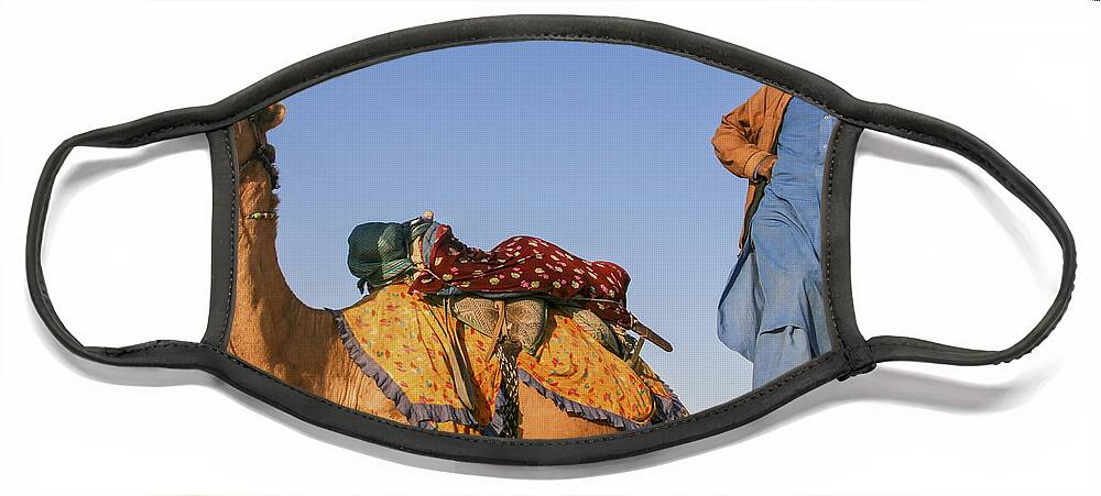 Adventure Face Mask featuring the photograph Desert Dance Of The Dromedary and The Camel Driver by Jo Ann Tomaselli