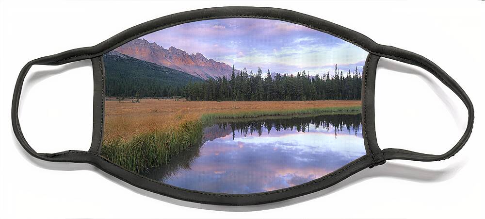 0017577 Face Mask featuring the photograph Dolomite Peak And Bow River Backwaters by Tim Fitzharris