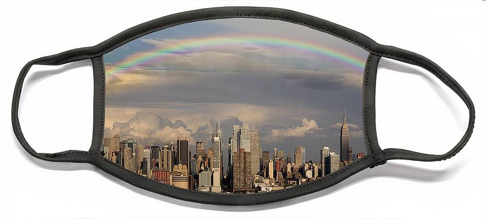 New York City Skyline Face Mask featuring the photograph Double Rainbow Over NYC by Susan Candelario