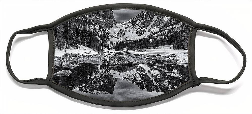 Rocky Mountain Face Mask featuring the photograph Dream Lake Morning Monochrome by Darren White