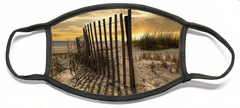 Clouds Face Mask featuring the photograph Dune Fence at Sunrise by Debra and Dave Vanderlaan
