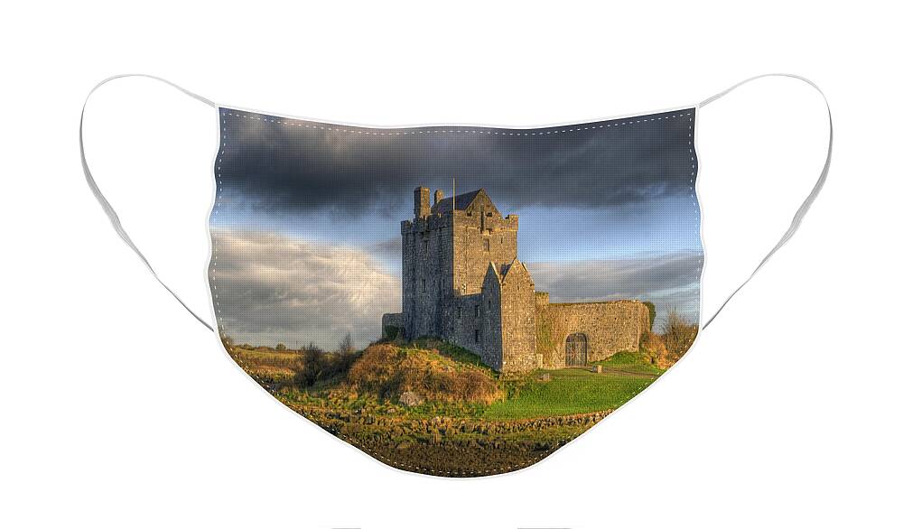 Ancient Face Mask featuring the photograph Dunguaire Castle with Dramatic Sky Kinvara Galway Ireland by Juli Scalzi
