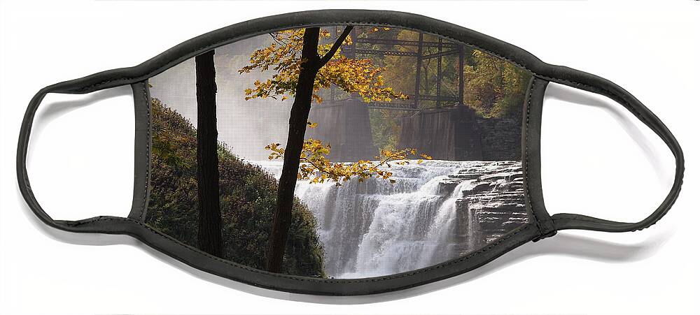 Letchworth Face Mask featuring the pyrography Fall at the Falls Letchworth NY by Jennifer Craft