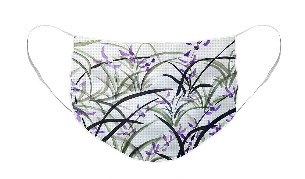 Orchids Purple Flowers Face Mask featuring the painting Field of orchids by Margaret Welsh Willowsilk