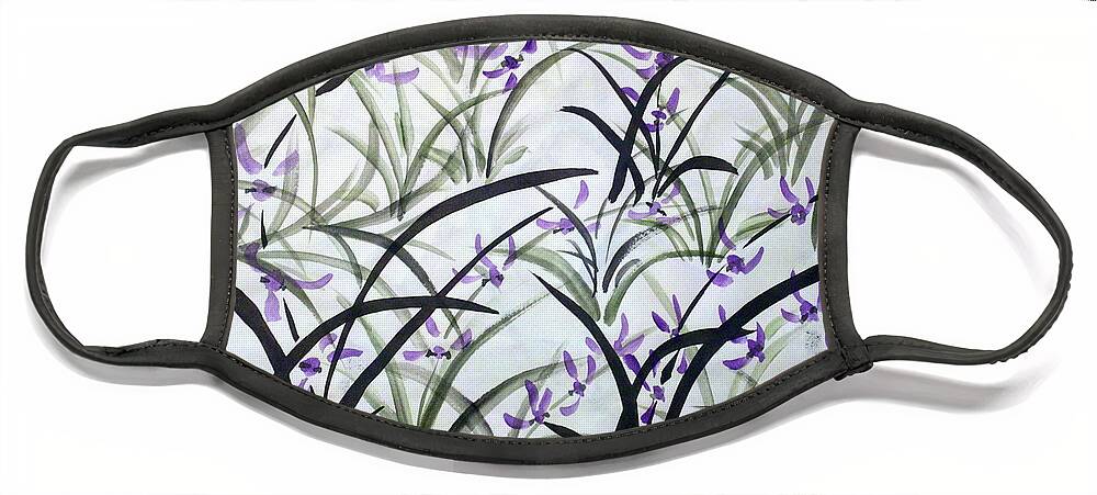 Orchids Purple Flowers Face Mask featuring the painting Field of orchids by Margaret Welsh Willowsilk