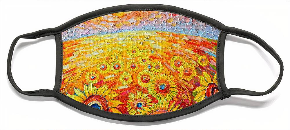 Sunflower Face Mask featuring the painting Fields Of Gold - Abstract Landscape With Sunflowers In Sunrise by Ana Maria Edulescu