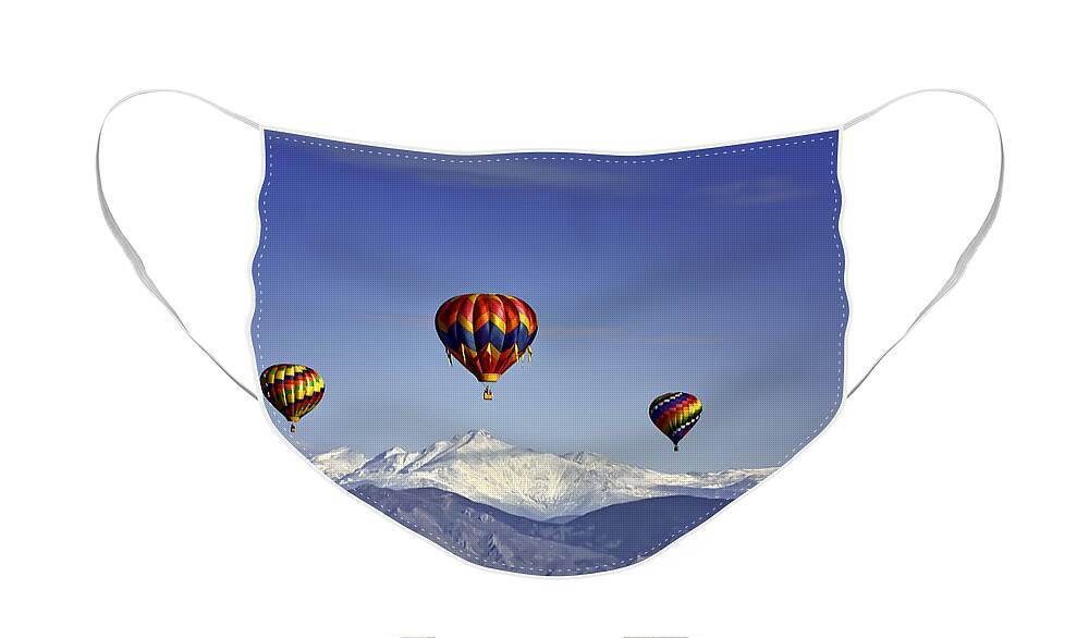 Snow Covered Peaks Face Mask featuring the photograph Floating Above Longs Peak by Teri Virbickis