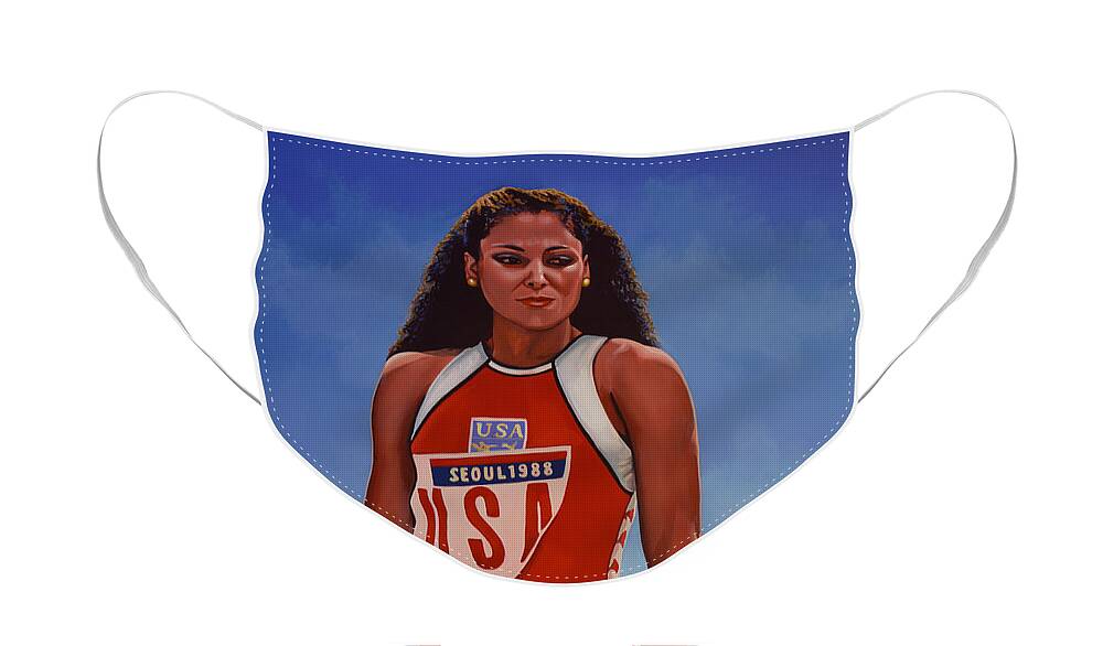 Florence Griffith Face Mask featuring the painting Florence Griffith - Joyner by Paul Meijering