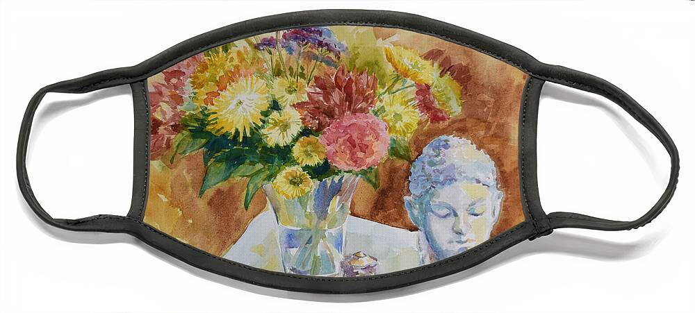 Still Life Face Mask featuring the painting Flower Vase with Buddha by Jyotika Shroff