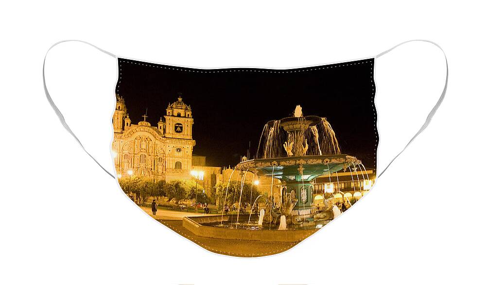 Photography Face Mask featuring the photograph Fountain Lit Up At Night At A Town by Panoramic Images