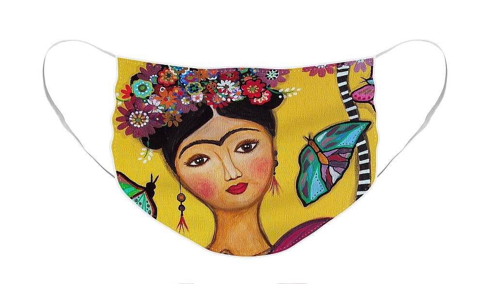 Frida Face Mask featuring the painting Frida Kahlo and her Cat by Pristine Cartera Turkus
