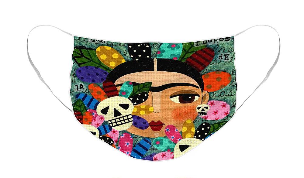 Frida Face Mask featuring the painting Frida Kahlo Day of the Dead Flowers by Andree Chevrier