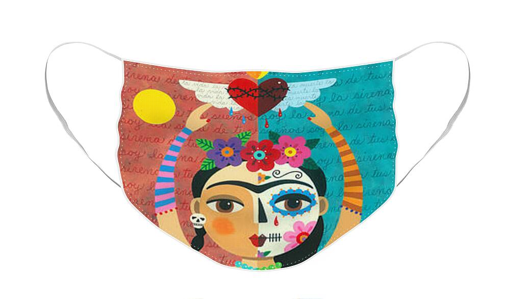 Frida Face Mask featuring the painting Frida Kahlo Mermaid Angel with Flaming Heart by Andree Chevrier