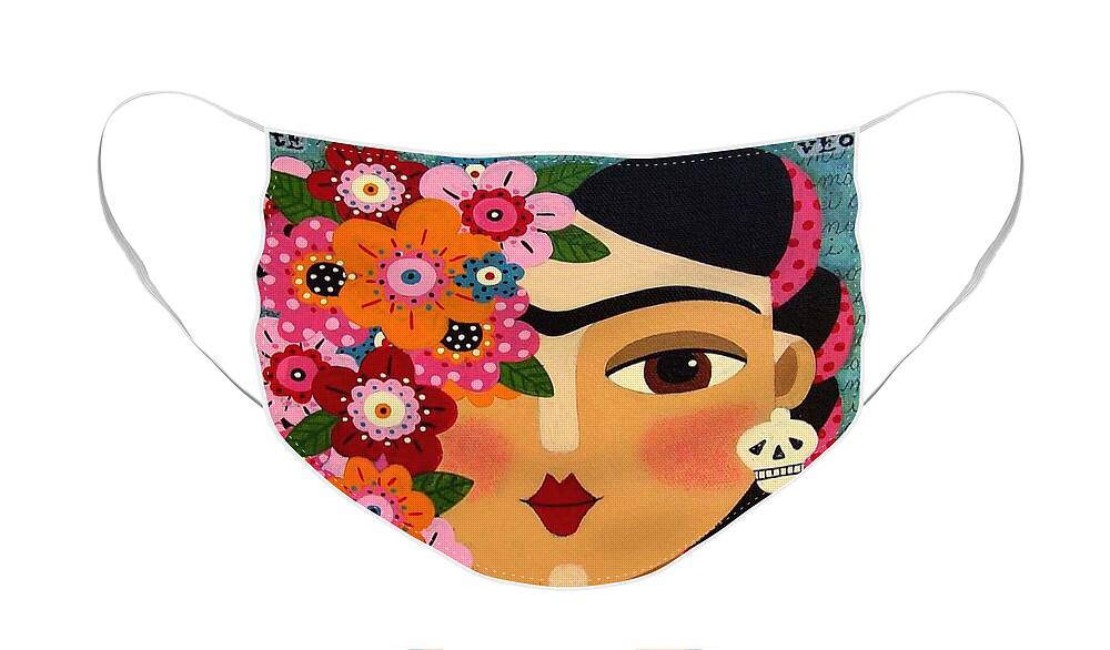 Frida Face Mask featuring the painting Frida Kahlo with Flowers and Skull by Andree Chevrier
