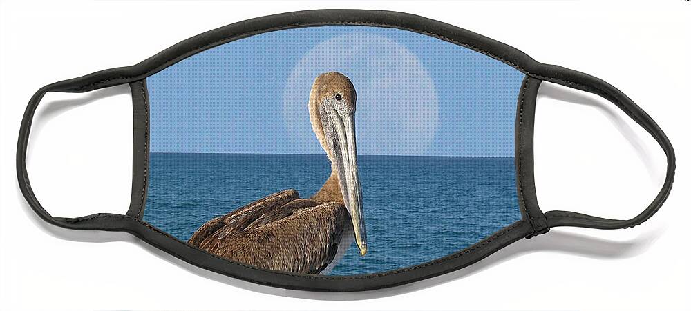 Palozzi Face Mask featuring the digital art Full Moon Pelican by John Vincent Palozzi